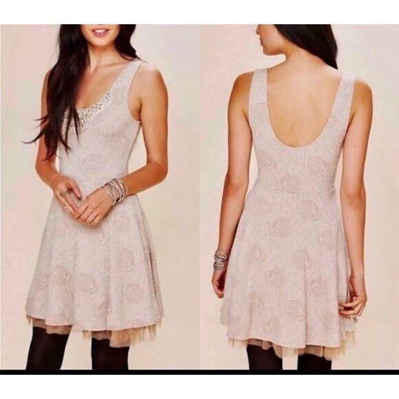 Free People Rock Princess Jacquard Fit and Flare Mini Dress Sz XS Womens Cream T - Picture 10 of 16